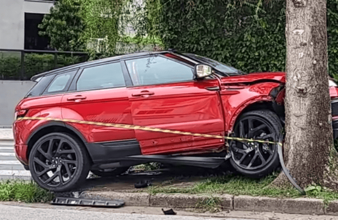 land rover colide em árvore