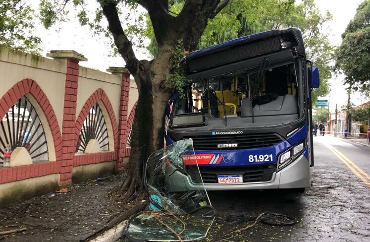 ônibus colidido em árvore