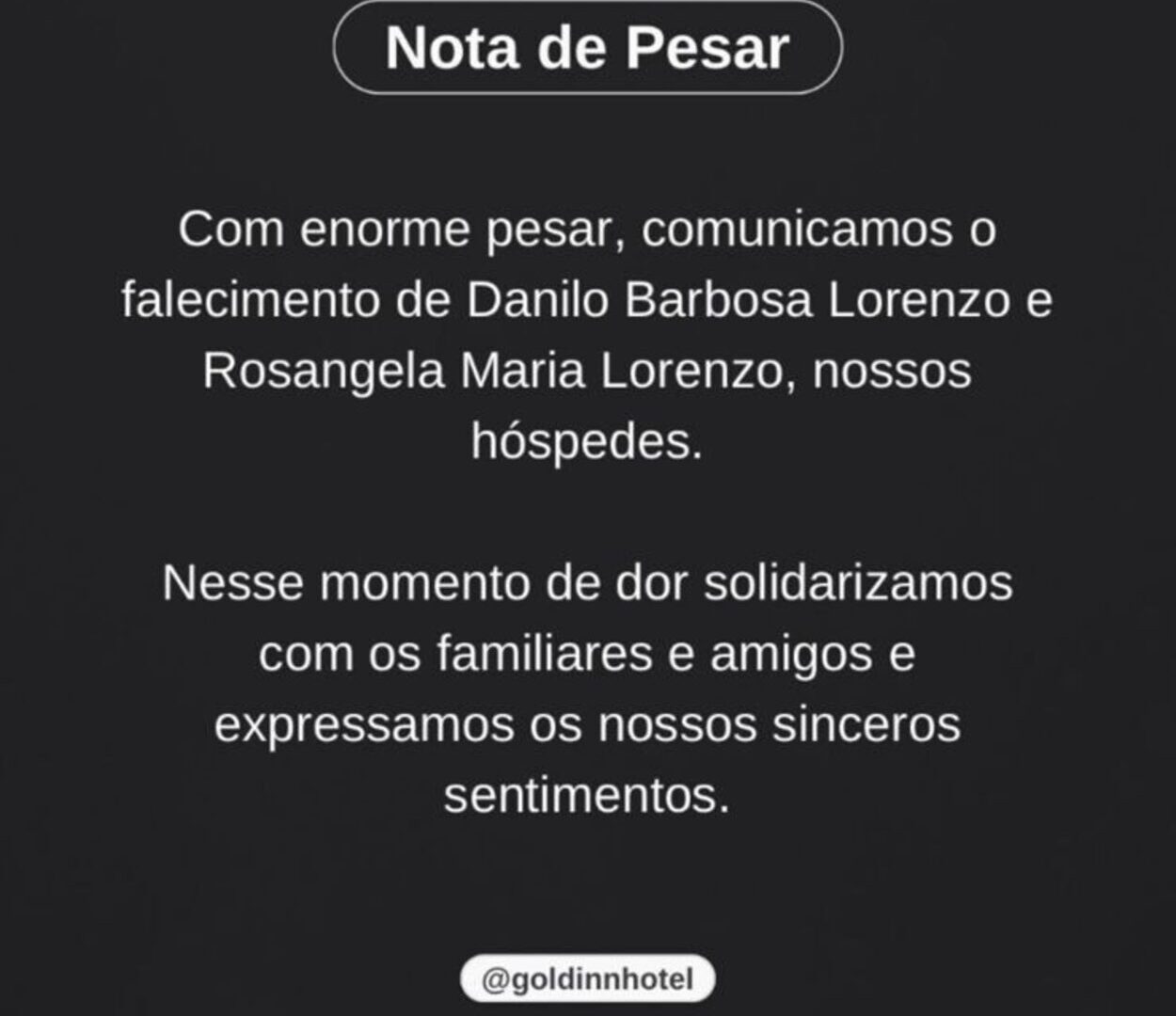 O Hotel em que o casal hospedaria também fez postagem no Instagram lamentando o falecimento do casal de Mauá.