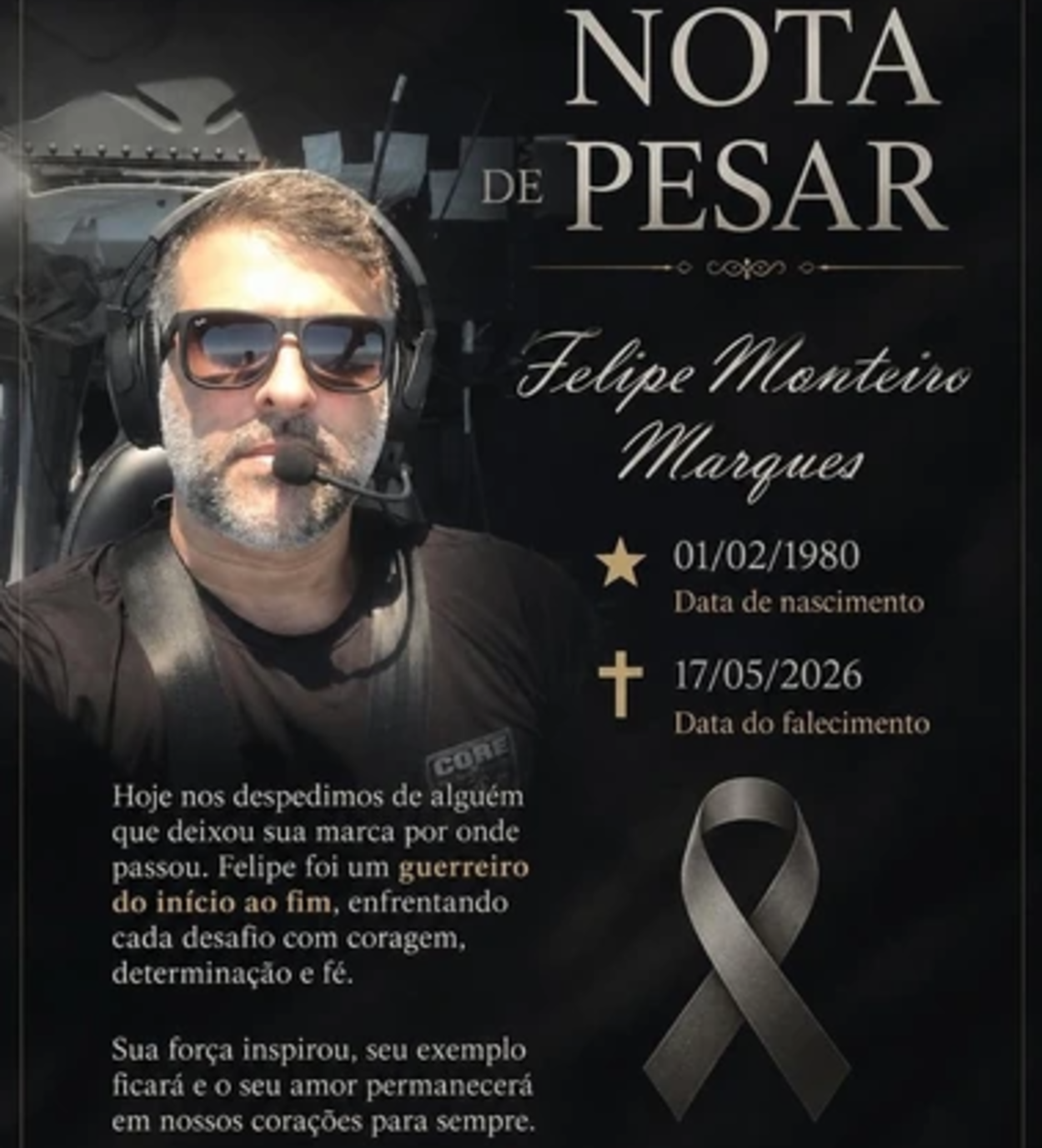 Piloto de helicóptero da Polícia Civil morre aos 45 anos após mais de um ano internado