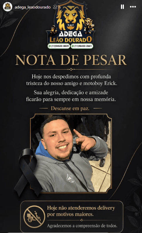 Adega Leão Dourado publicou nota de pesar pelo falecimento do motoboy