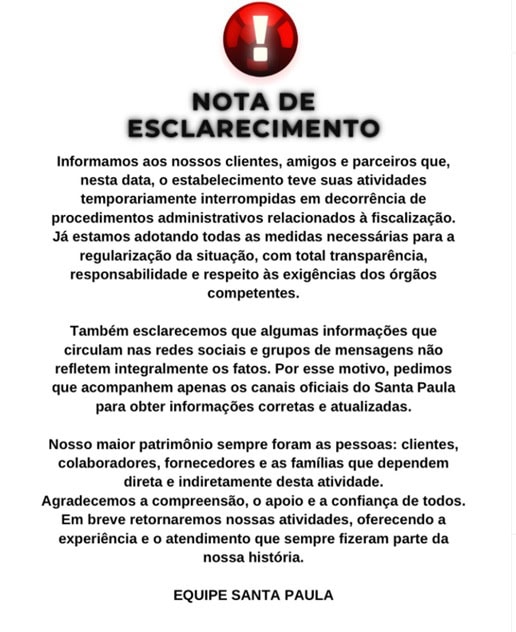 Nota oficial do Bar Santa Paula. Foto; Reprodução